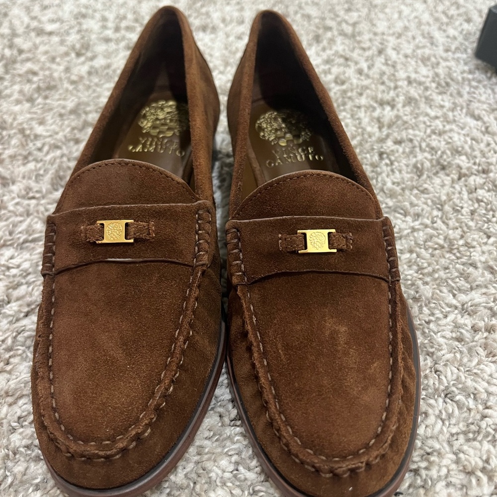 Vince Camuto Brown Suede Loafers with Gold Hardware